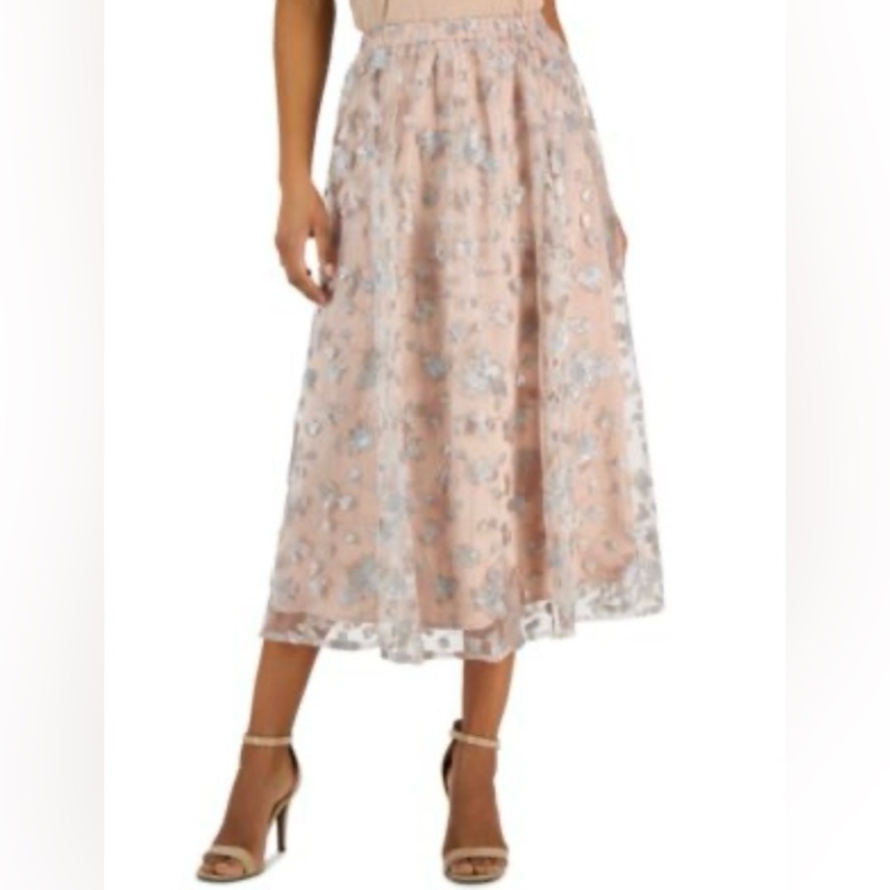Anne Klein Floral Sequin Lace Mesh Elastic Waist Midi Skirt Pink Silver Sz L